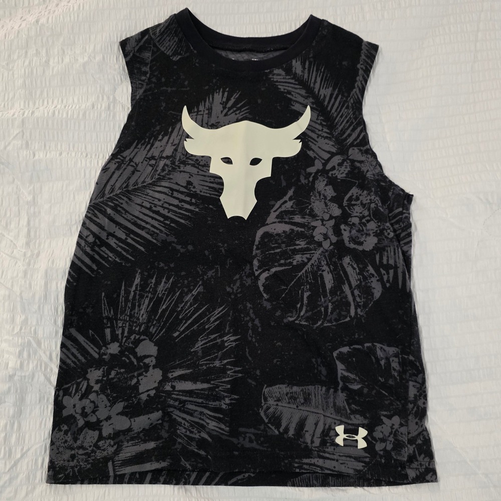 Under Armour Project Rock Boys HeatGear Brahma Bull Palm Tank Top Black YSM